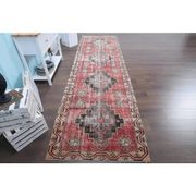 Tapis couloir rouge noué à la main turc des années 1960 111x391