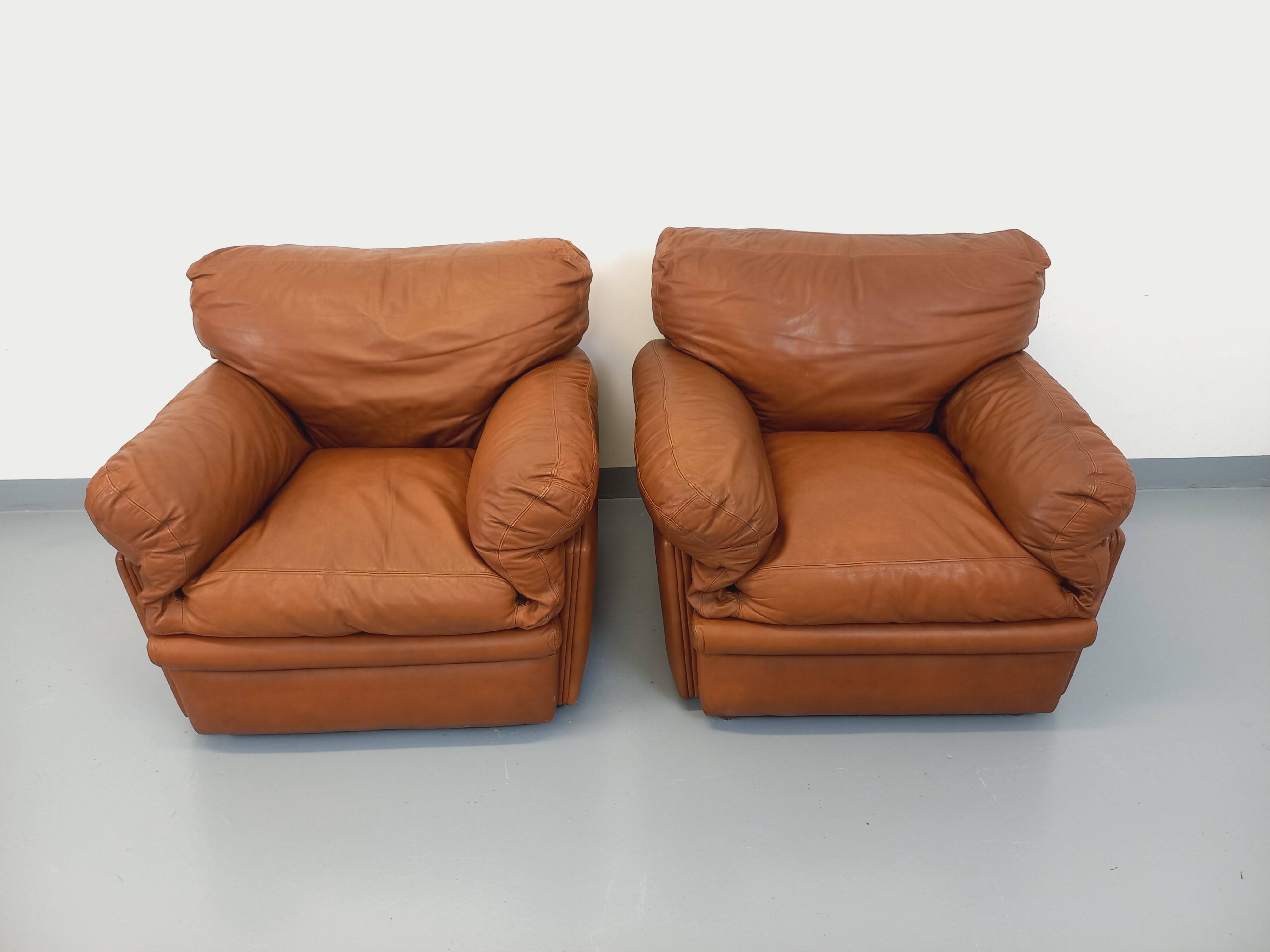Pair of vintage Coquelicot lounge chairs by Tito Agnoli for Poltrona Frau in leather from the 70s