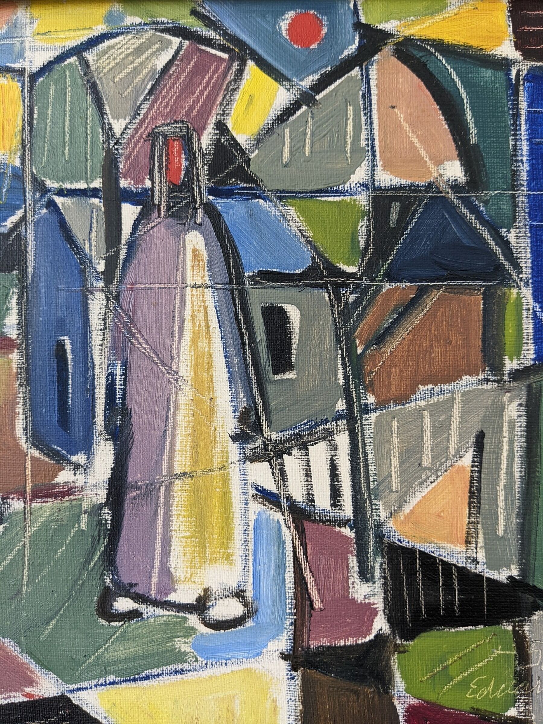 1951 Mid-Century Modern "Figures in Colour" Vintage Geometric Abstract Figurative Oil Painting, Fram