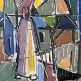 1951 Mid-Century Modern "Figures in Colour" Vintage Geometric Abstract Figurative Oil Painting, Fram