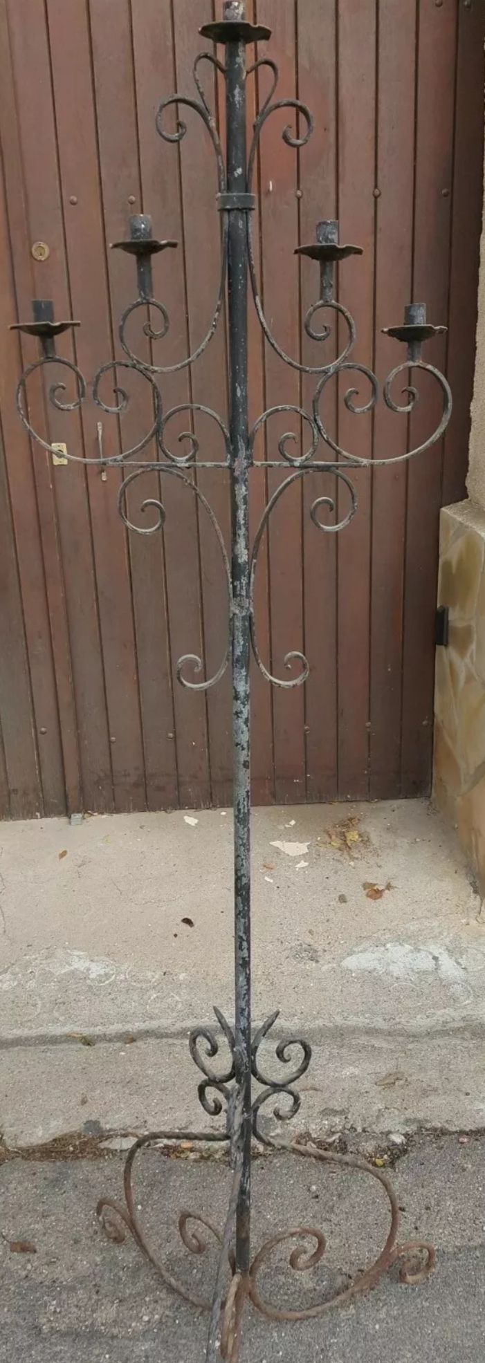 Old church floor lamp chandelier 5 fires torcher wrought iron early 20th century