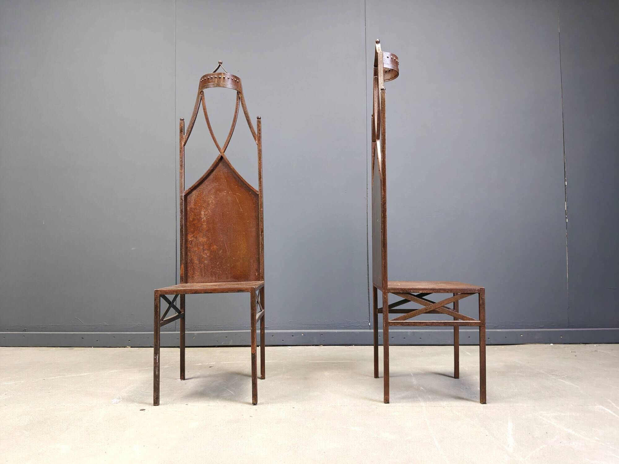 Pair of gothic french high back side chairs, 1960s
