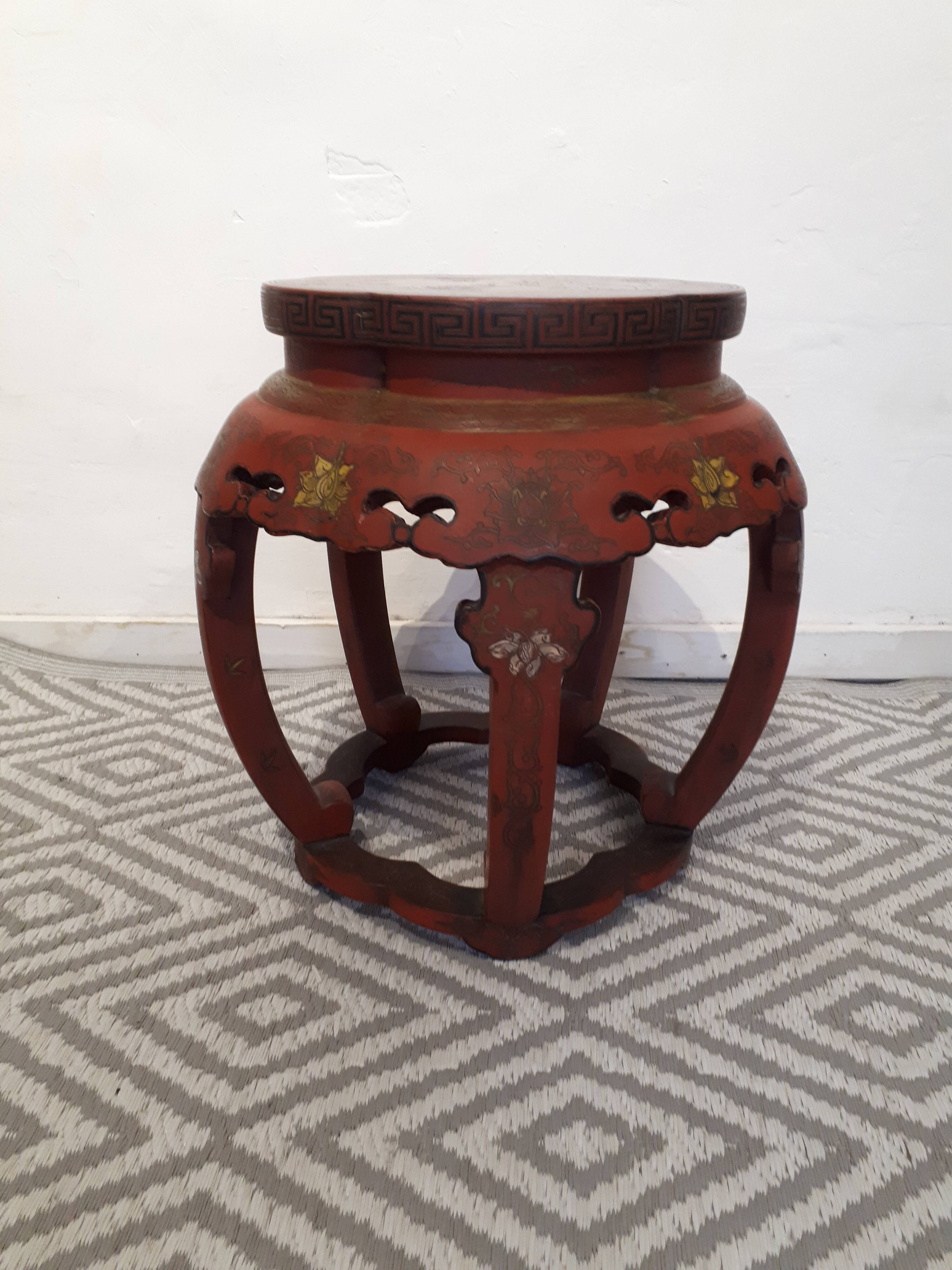 Stool Chinese pedestal table old red lacquer