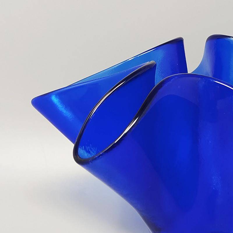 1970s Blue Vase "Fazzoletto" by Dogi in Murano Glass. Made in Italy