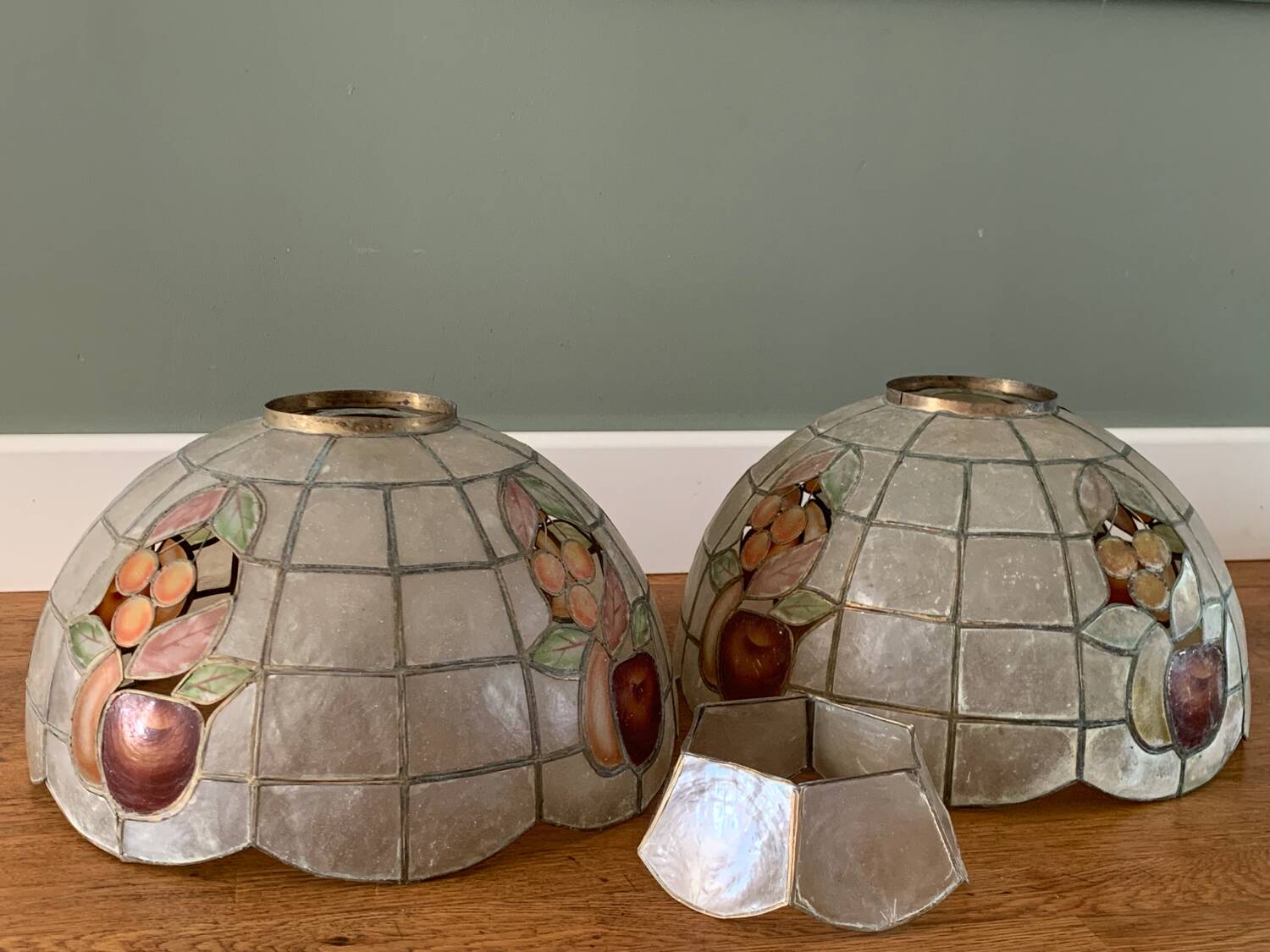 Pair of brass and mother-of-pearl pendant lights