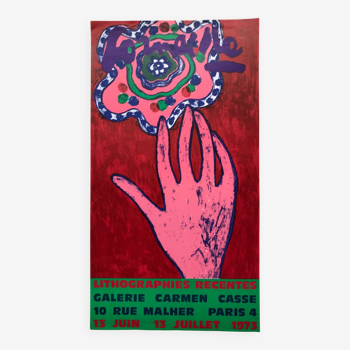 Guillaume Corneille (1922-2010) Affiche lithographe : Main et fleur exotique, Galerie Carmen Cassé,