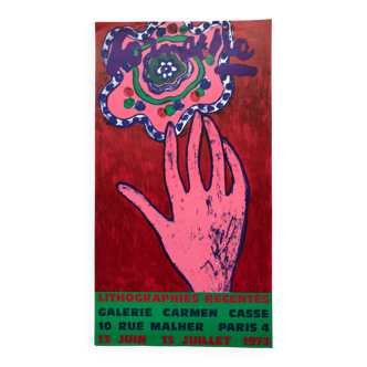 Guillaume Corneille (1922-2010) Lithograph poster: Hand and exotic flower, Carmen Cassé Gallery,