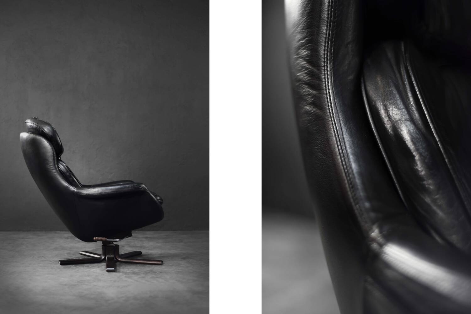 Vintage black leather swivel chair in mid-century modern Scandinavian style.