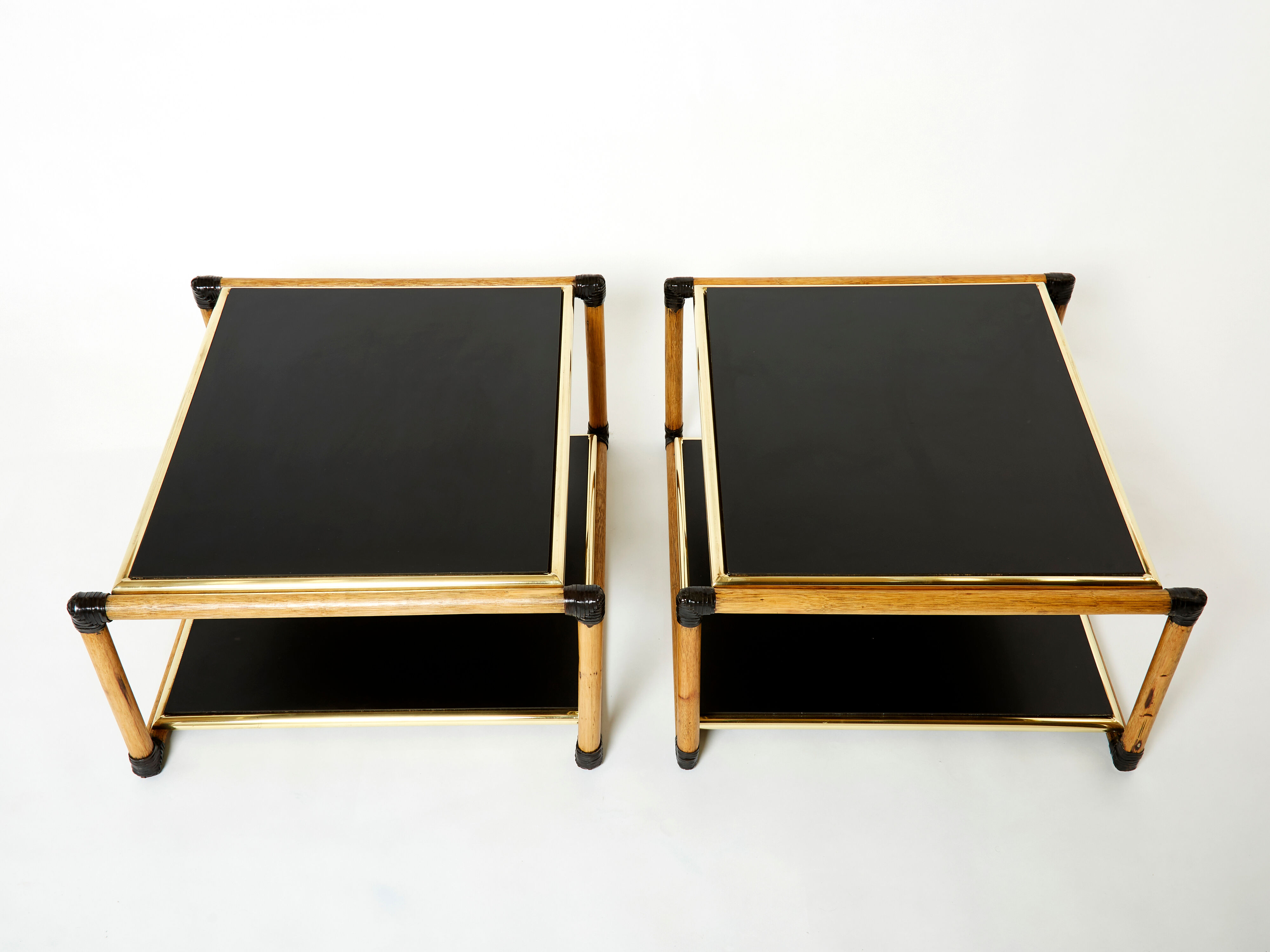 Pair of Italian coffee tables Alberto Smania bamboo brass 1970