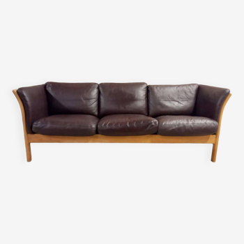 Danish vintage three-seater brown leather Stouby sofa with wooden frame 1960s