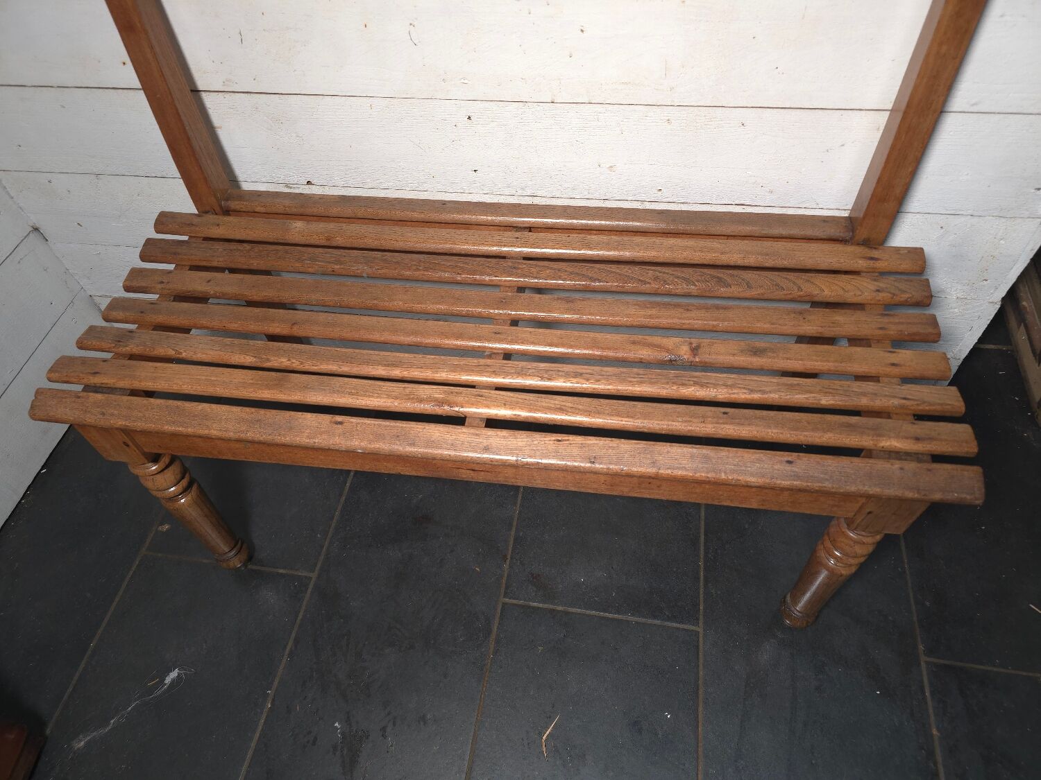 Solid oak workbench with slats signed by Edmond Magrez.