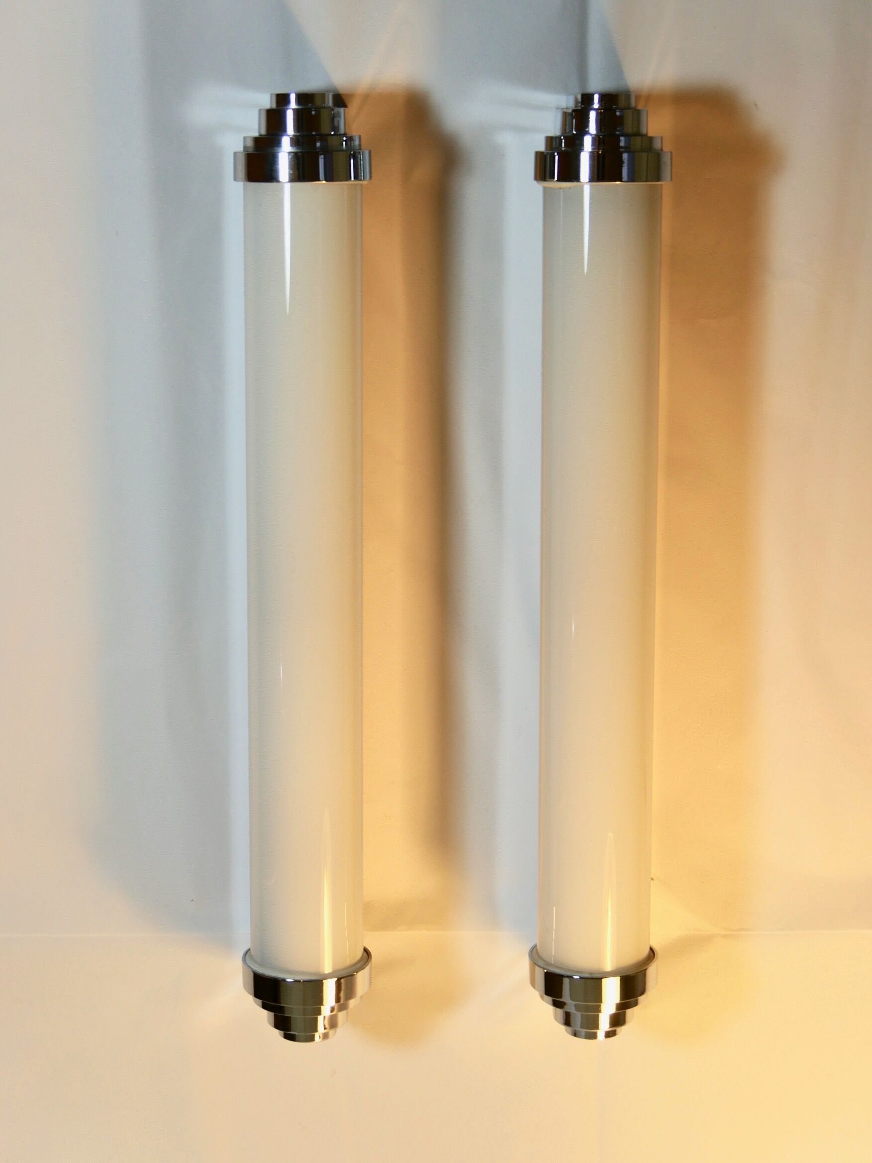 Art Deco glass and chrome tiered bathroom sconces