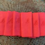 6 large cherry dyed damask cotton napkins, MB monogram, floral weave pattern
