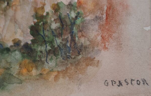 Gilbert Pastor : Sommet enneigé derrière une colline, aquarelle originale signée