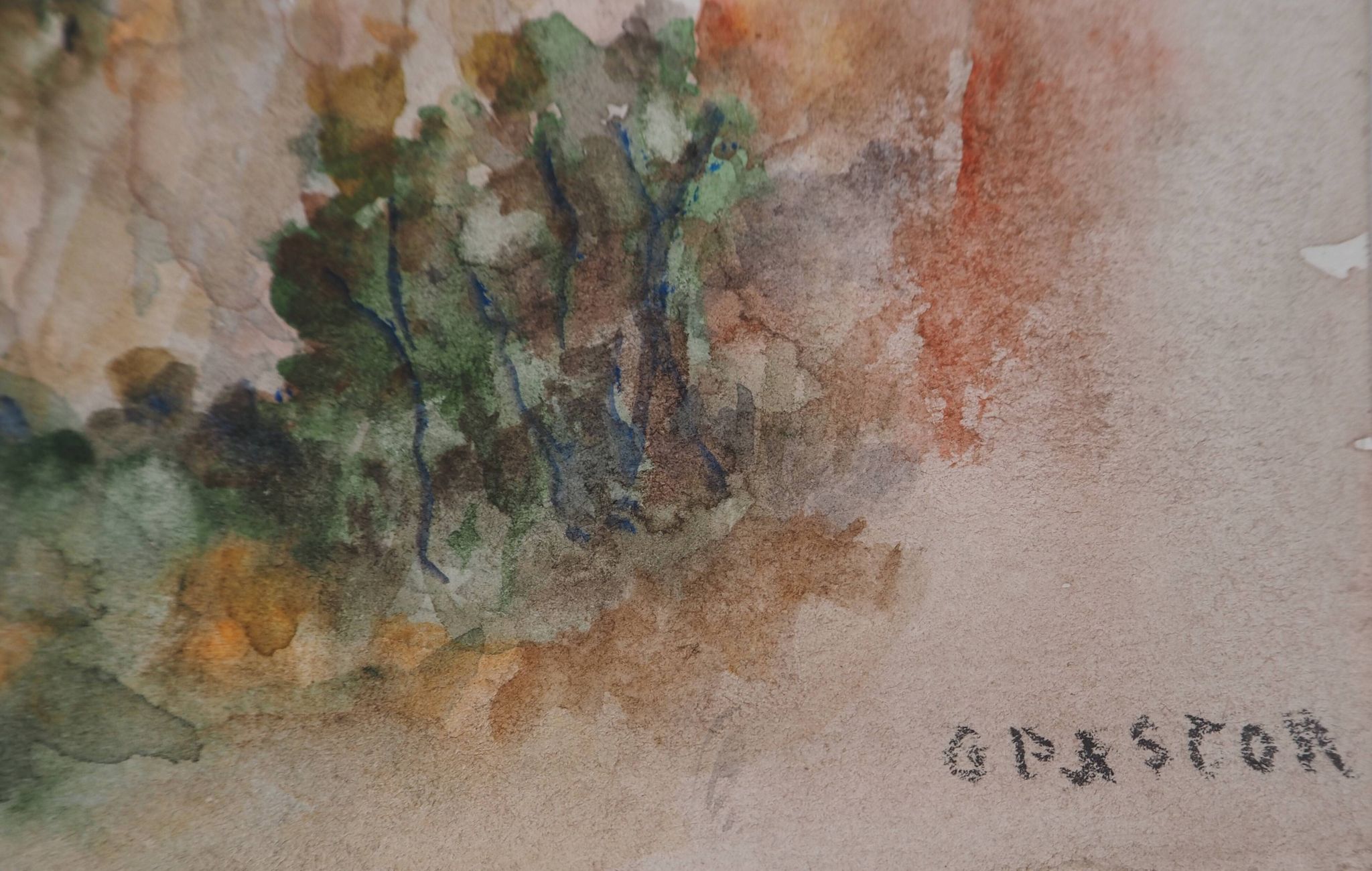 Gilbert Pastor: Snowy summit behind a hill, original signed watercolor