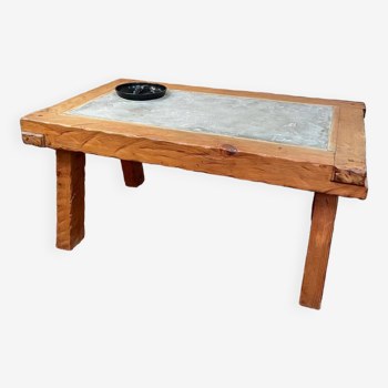 Brutalist wood and concrete coffee table from the 60s
