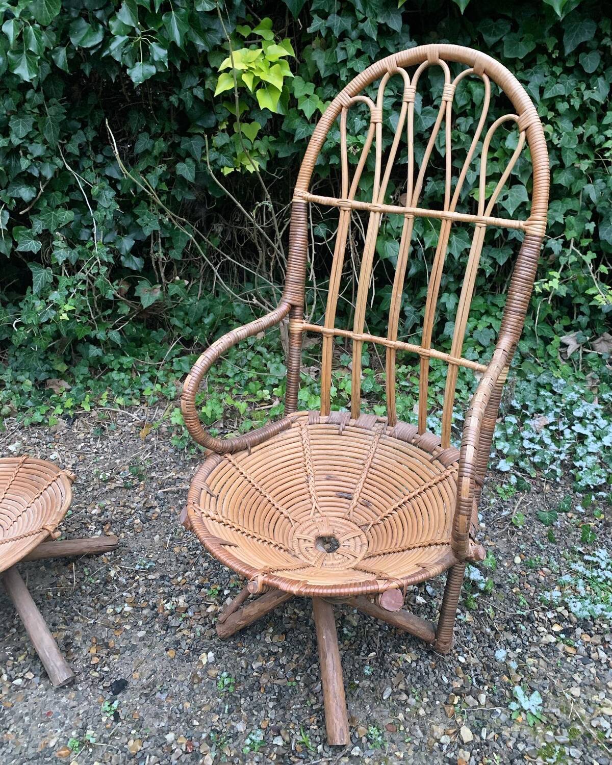 Rattan armchair and pouf