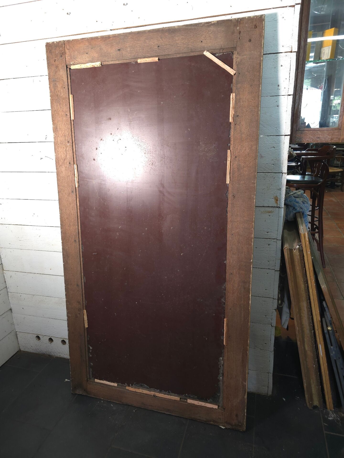 Large bevelled floor mirror in oak
