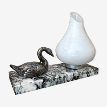 Art deco marble night light lamp with swan and white glass strie 1930 made in vintage france