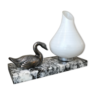 Art deco marble night light lamp with swan and white glass strie 1930 made in vintage france