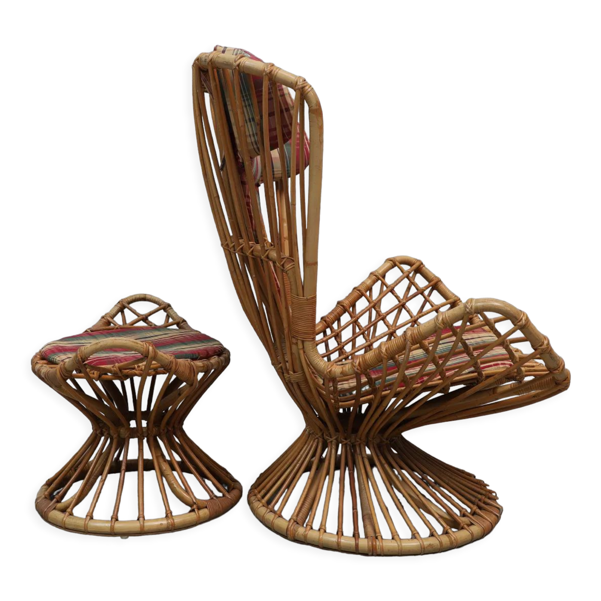 Armchair With bamboo stool covered with a cushion in suede fabrics from 1960s