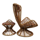 Armchair With bamboo stool covered with a cushion in suede fabrics from 1960s