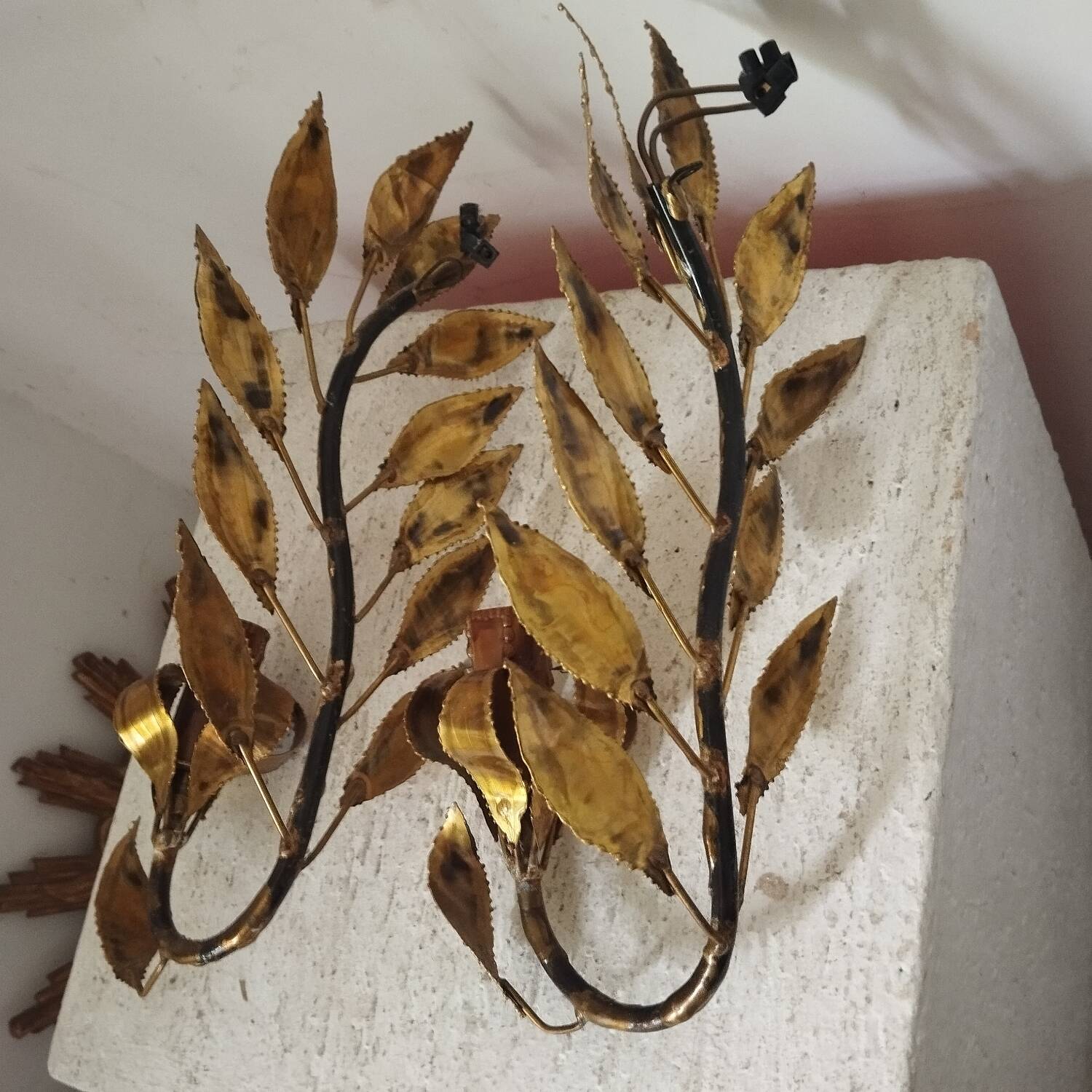 Pair of gold metal floral leaf sconces