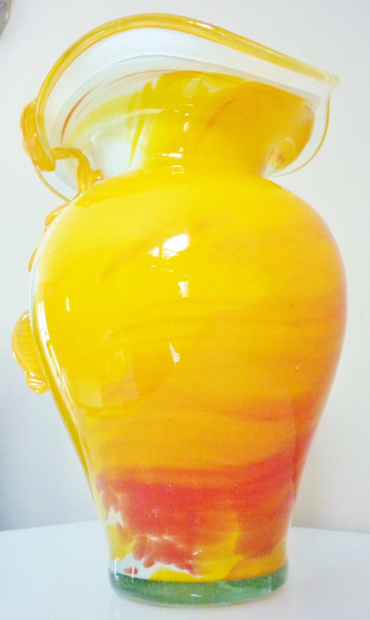 Large blown glass floral vase, orange, red, white, vintage 80s