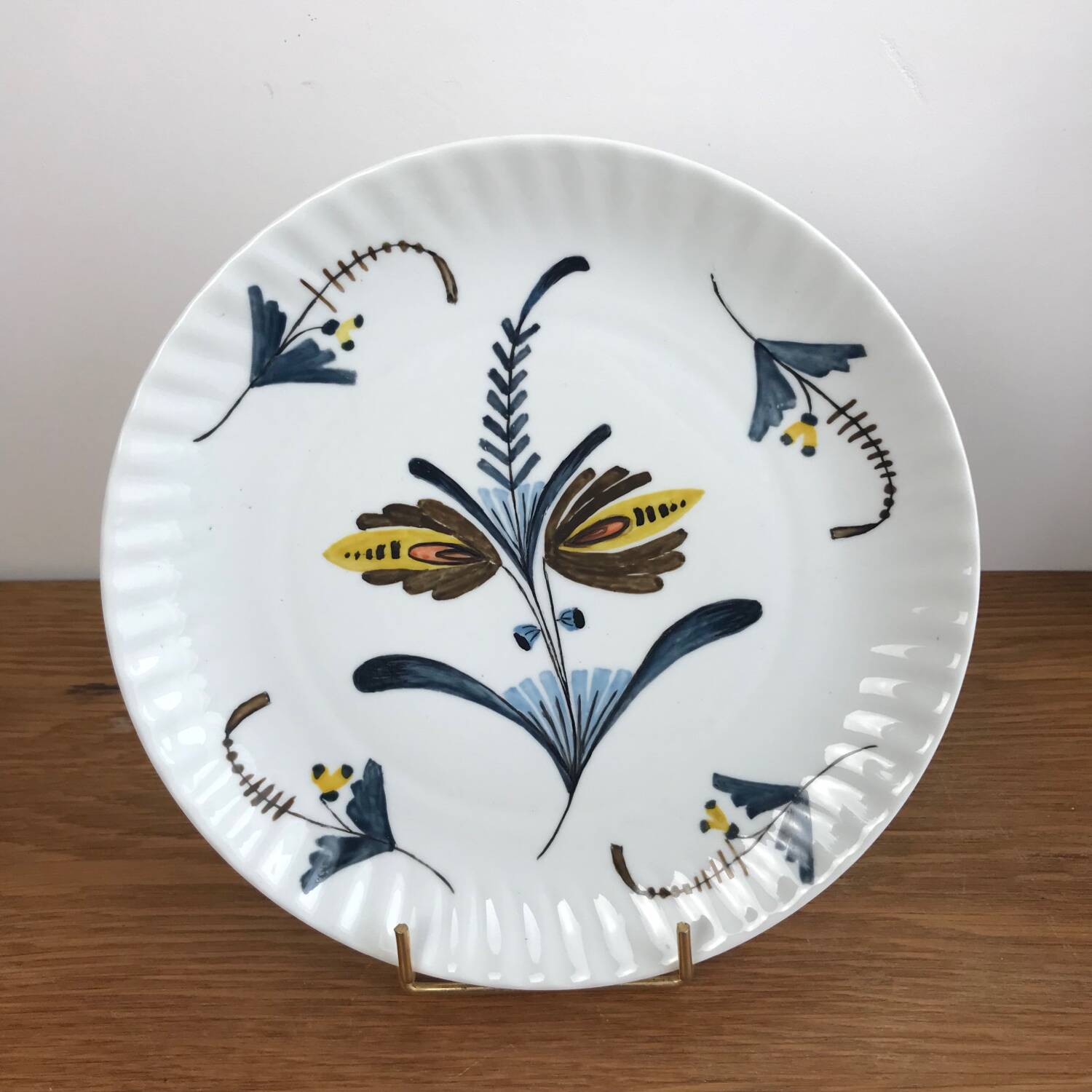 Flat Plate or Small Round Porcelain Dish Signed Nelly Abstract Flower