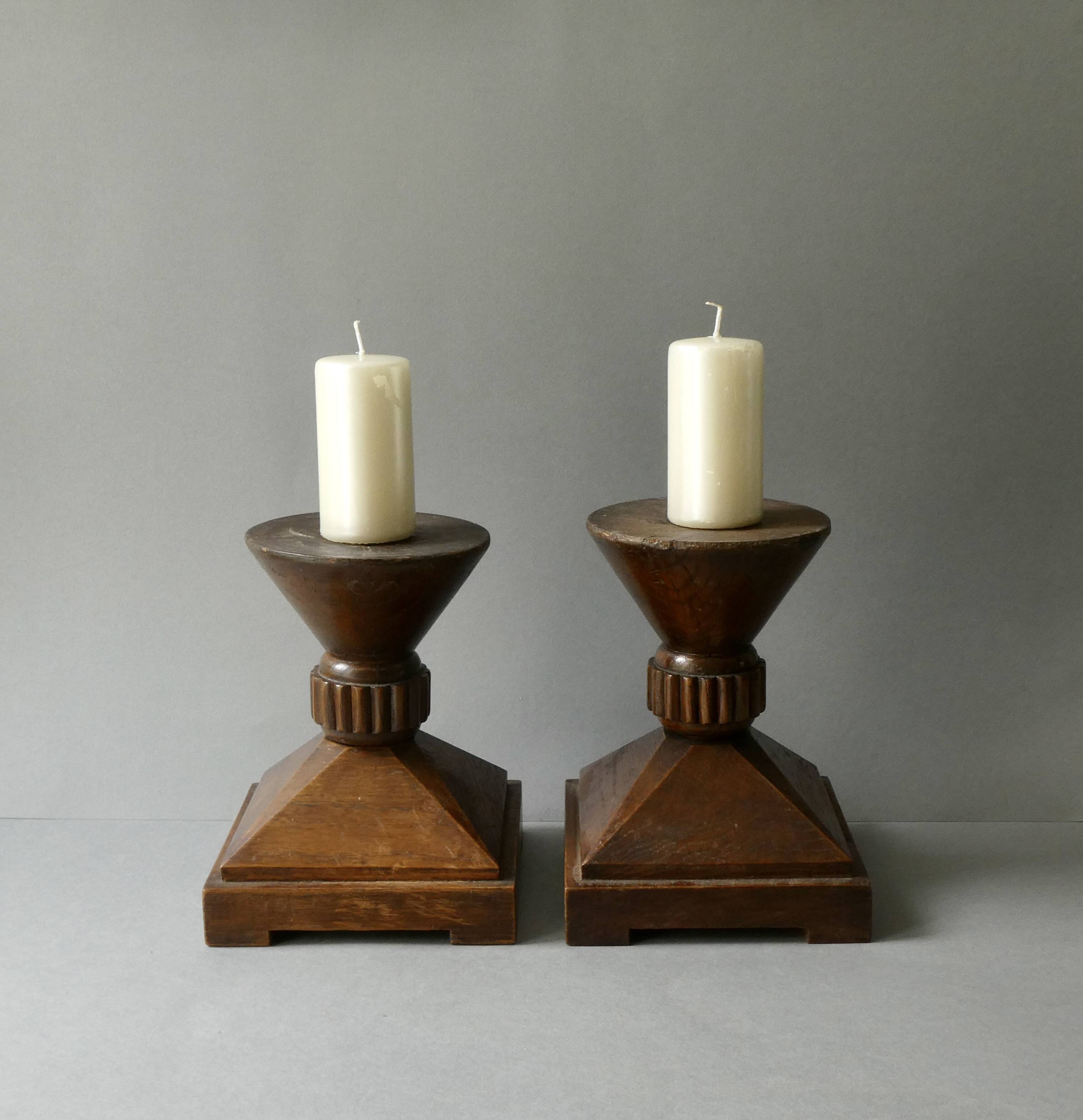 Pair of solid wood candlesticks, sculpted, brutalist