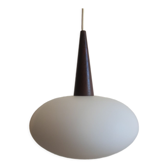 Louis Kalff teak and opaline pendant light, Philips