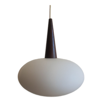 Louis Kalff teak and opaline pendant light, Philips
