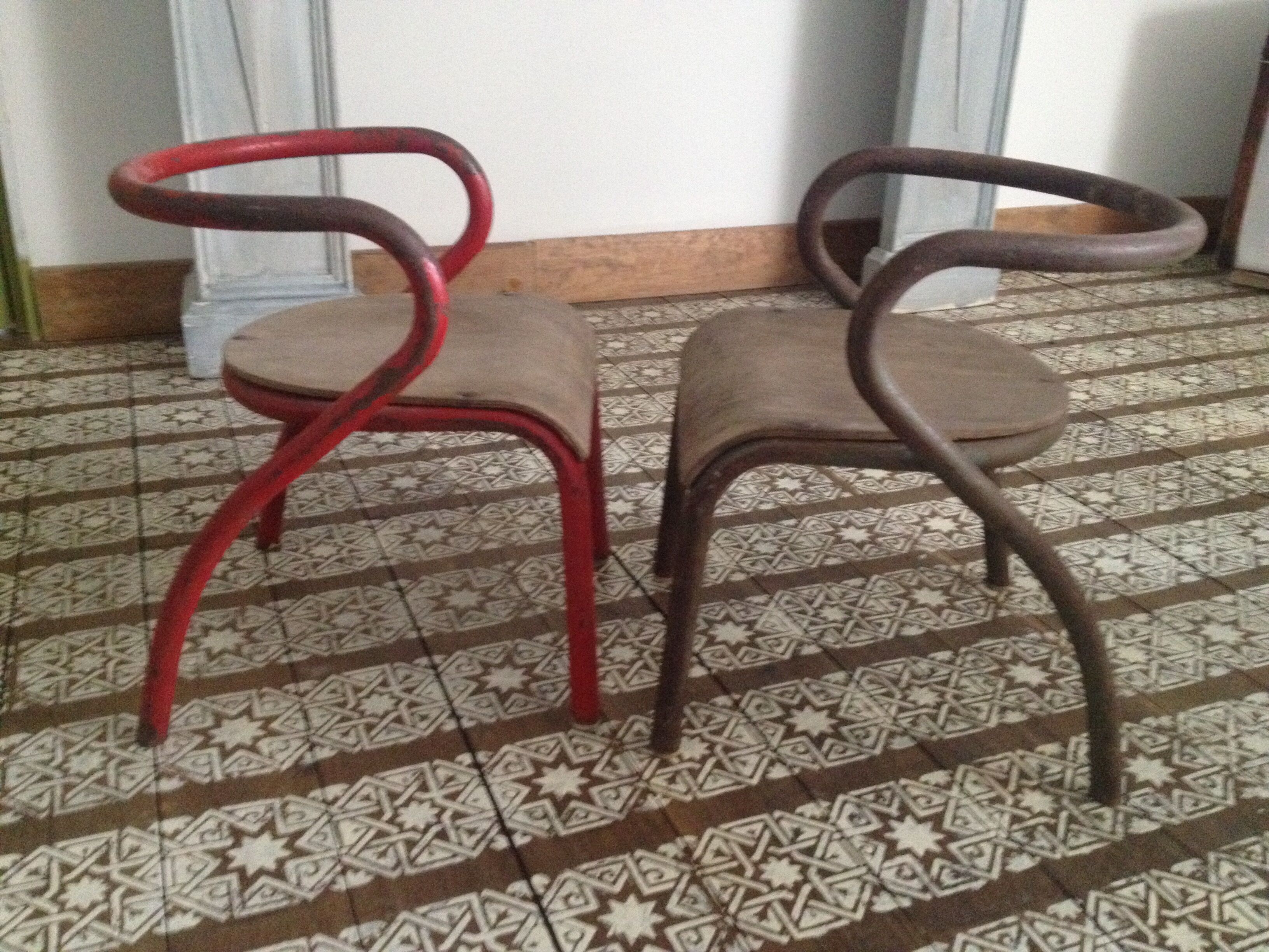 Pair of school chairs by Jacques Hitier metal and wood, 50