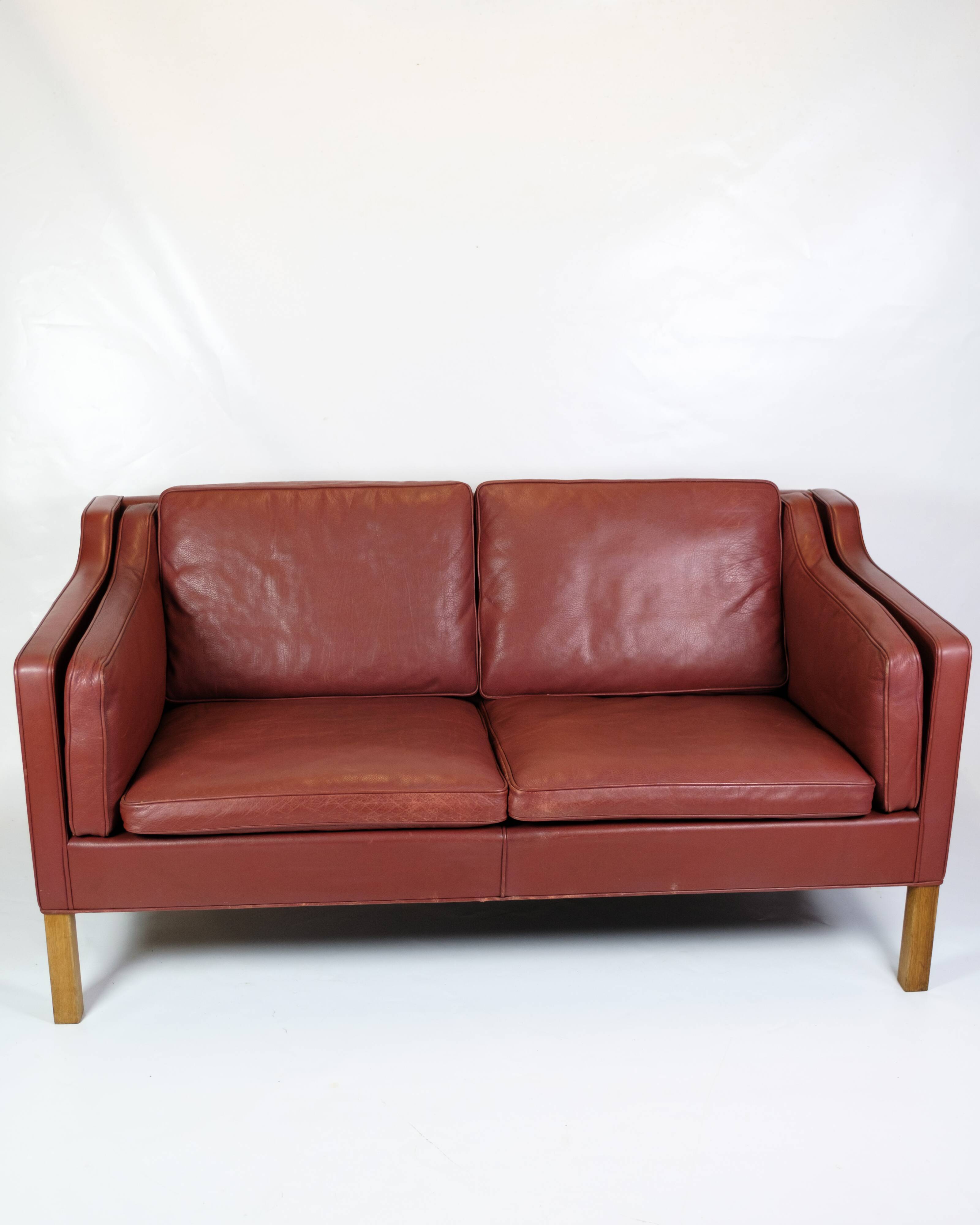 2 . Person Sofa Model 2212 Made In Red Leather & Oak Frame By Børge Mogensen From 1960s