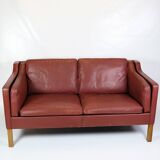 2 . Person Sofa Model 2212 Made In Red Leather & Oak Frame By Børge Mogensen From 1960s