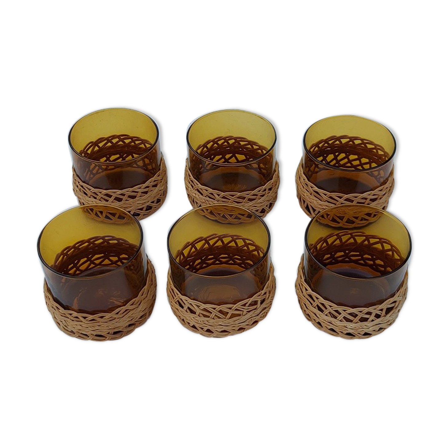 Set de 6 verres ambrés et rotin