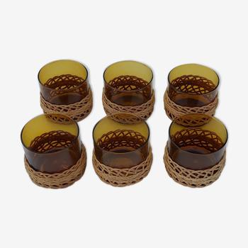 Set of 6 amber and rattan glasses