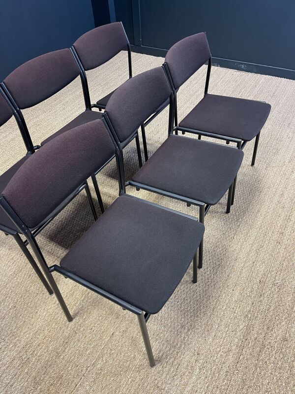 Ensemble de 6 chaises Gijs Van Der Sluis tissu aubergine pieds acier gris années 70 Pays Bas