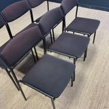 Ensemble de 6 chaises Gijs Van Der Sluis tissu aubergine pieds acier gris années 70 Pays Bas
