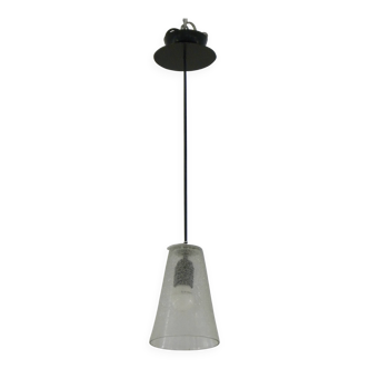 Cracked blown glass pendant lamp in the shape of a truncated cone.