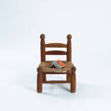 Low fireplace chairs, French, wood and straw set of 2