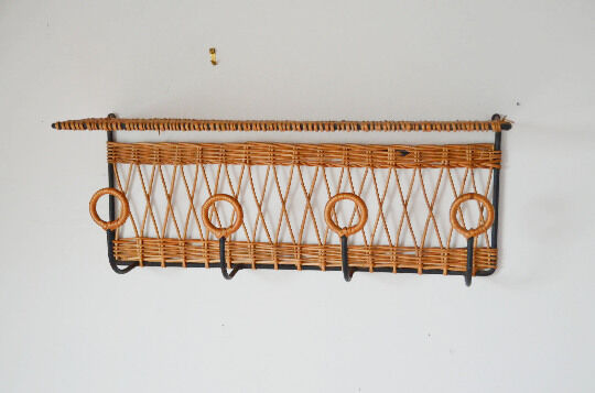 Rattan and metal shelf, coat racks, 50s