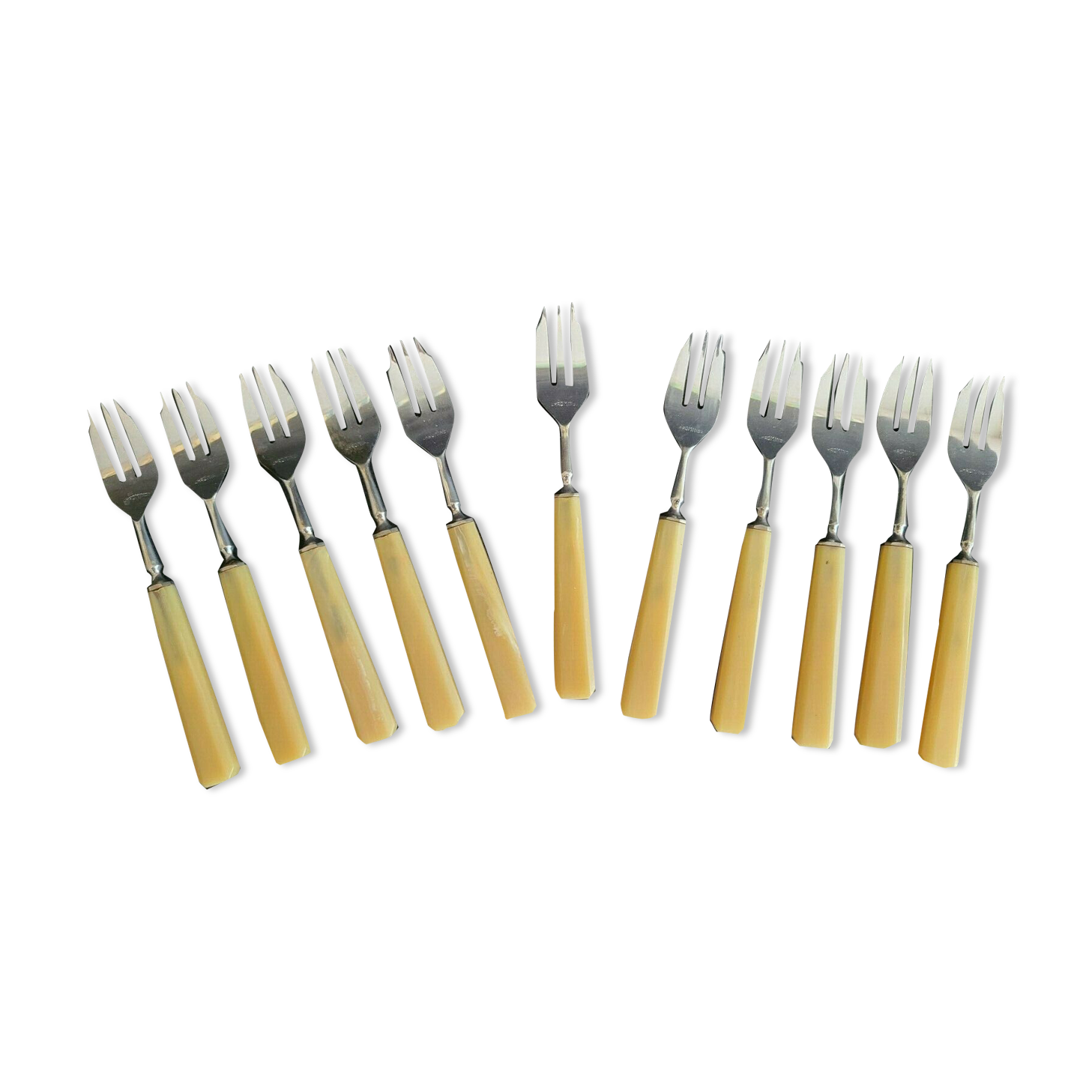 11 old small covered forks with Chromino dessert