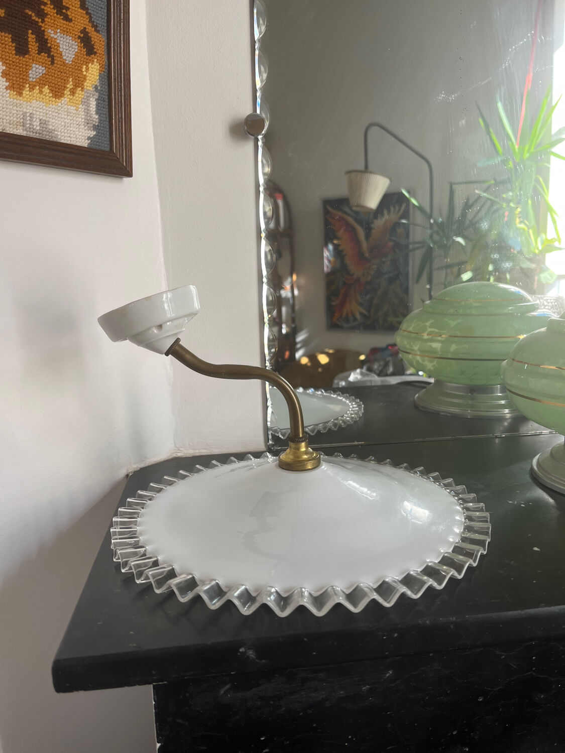 Antique white opaline wall light with a swan neck.