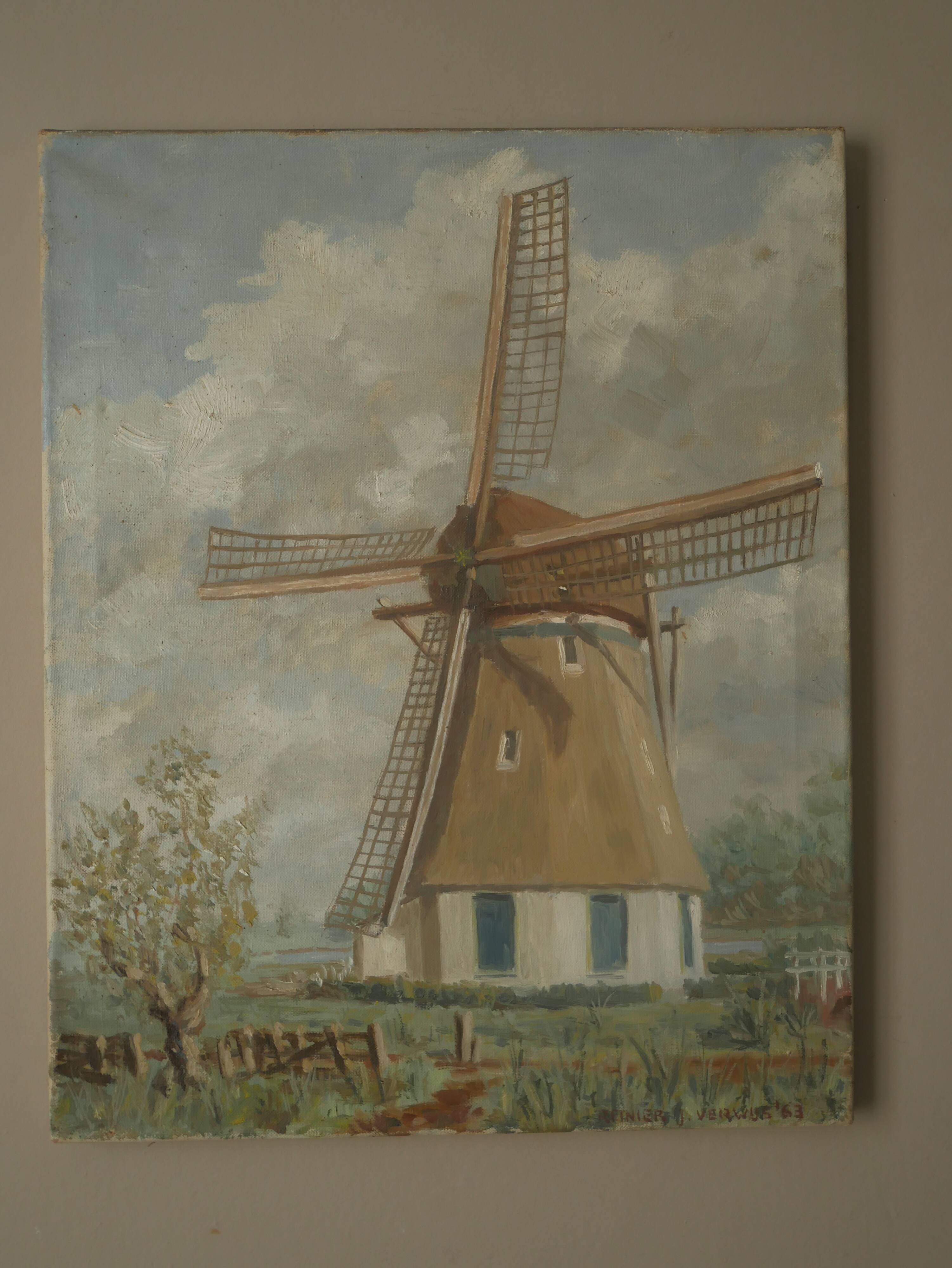 Acrylic painting on canvas vintage Dutch windmill Scandinavian countryside decoration