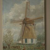 Acrylic painting on canvas vintage Dutch windmill Scandinavian countryside decoration