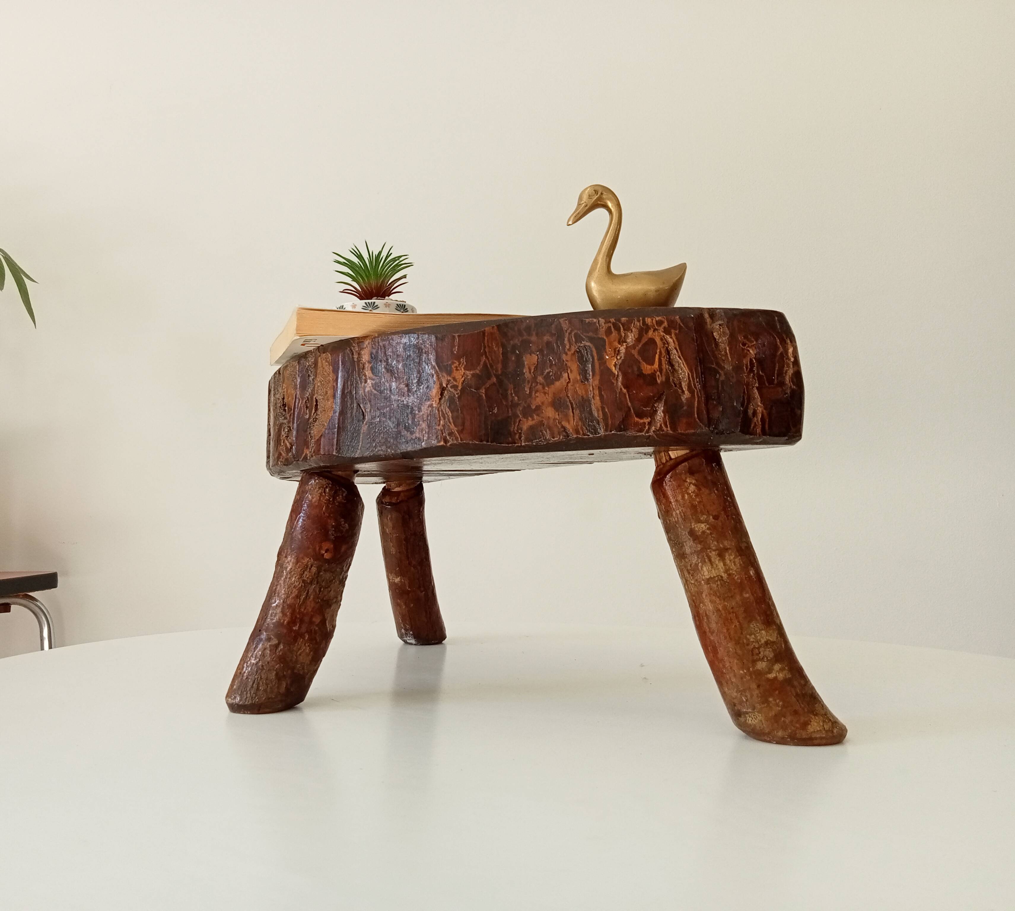 Vintage brutalist tripod stool in solid olive wood