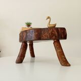 Vintage brutalist tripod stool in solid olive wood