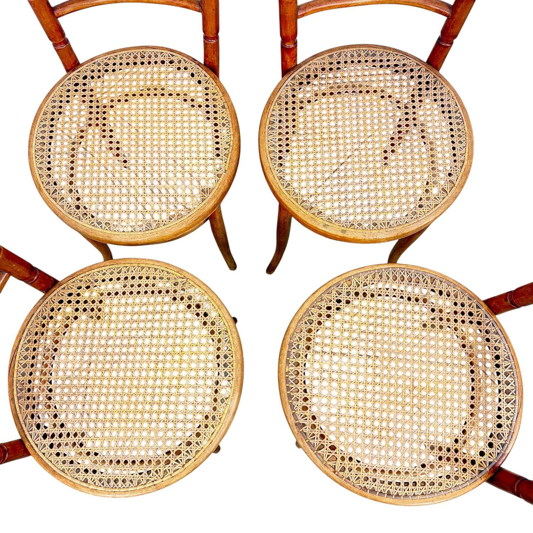 Set of Four Antique Bentwood Café Chairs – Thonet / Fischel Style – Cane Se