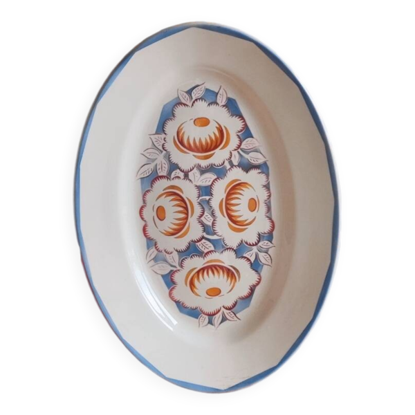 Plat de service ovale blanc à motifs floraux Floréal M.B.C.M.